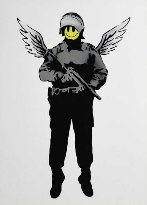 Flying Copper Warhol VS Banksy postcard (Framed)