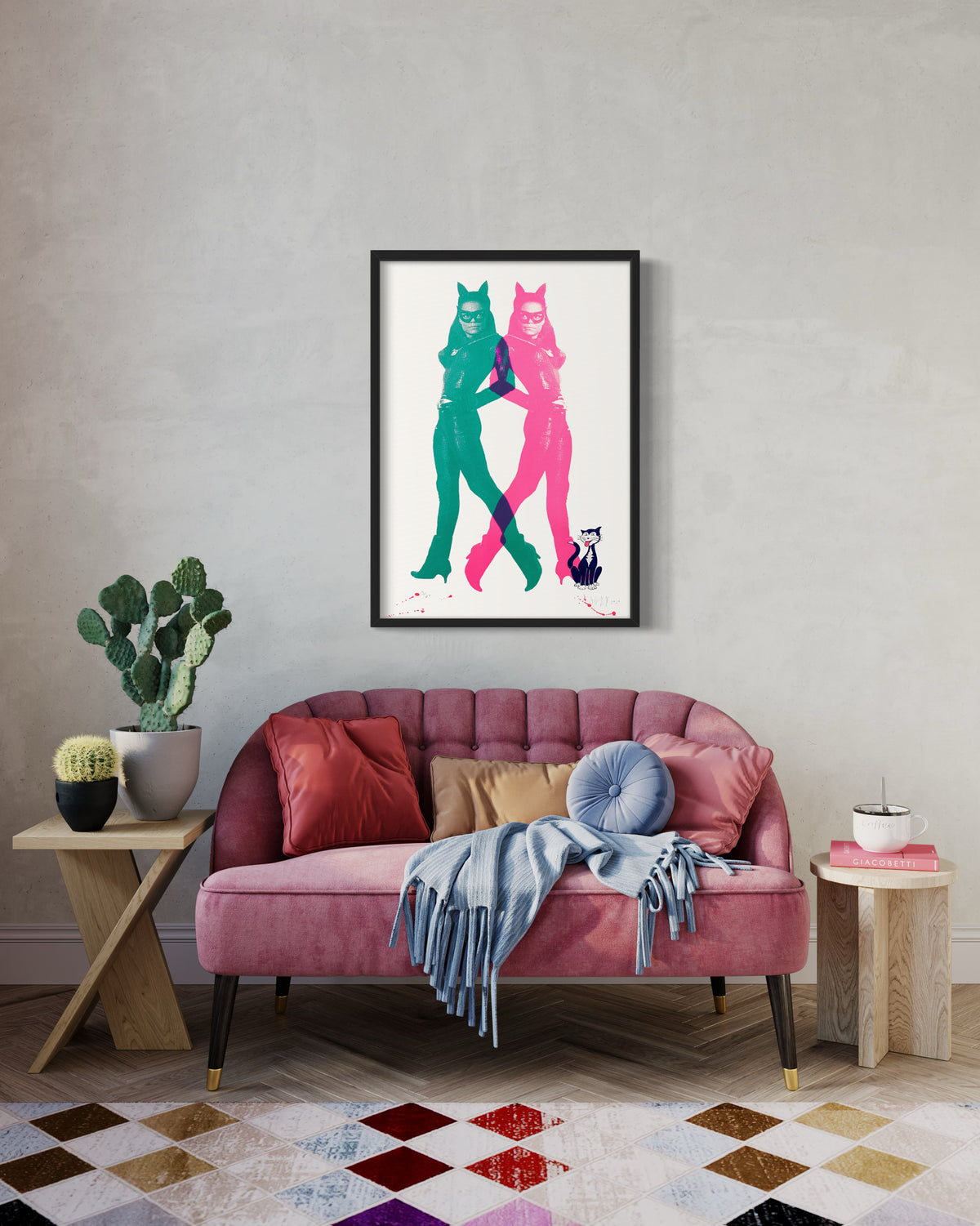 Eartha Kitt Cat Woman in Teal and Pink (Framed)